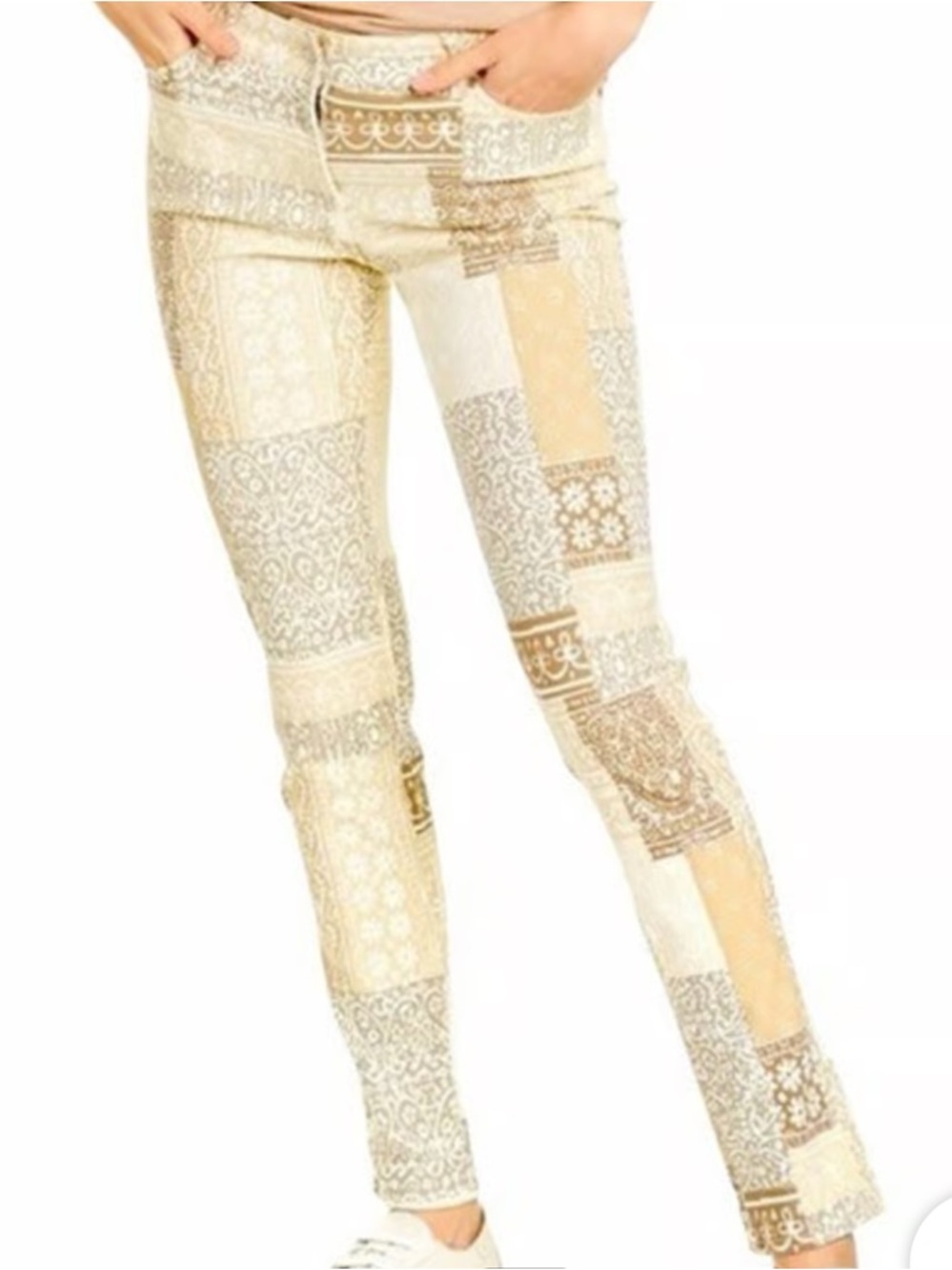 J. McLaughlin Lexi Patchwork Scroll Denim Cream beige stretch cotton skinny sz 6